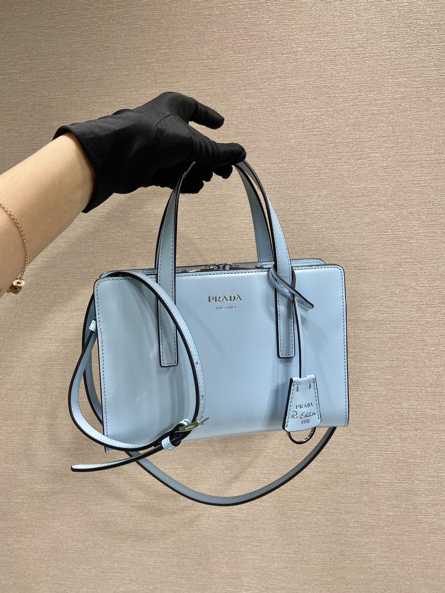 Prada Mini Re Edition 1995 Brushed Leather Handbag Bag Celeste 1BA357